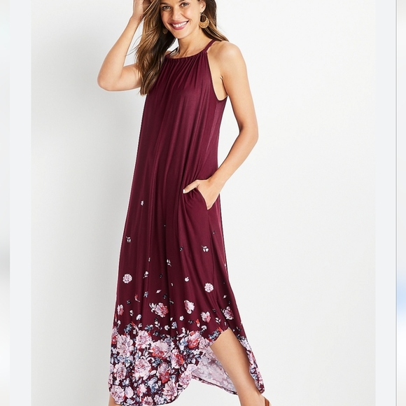 Maurices Dresses & Skirts - Maurices Deep Red  Floral Round Hem Halter Neck Maxi Dress